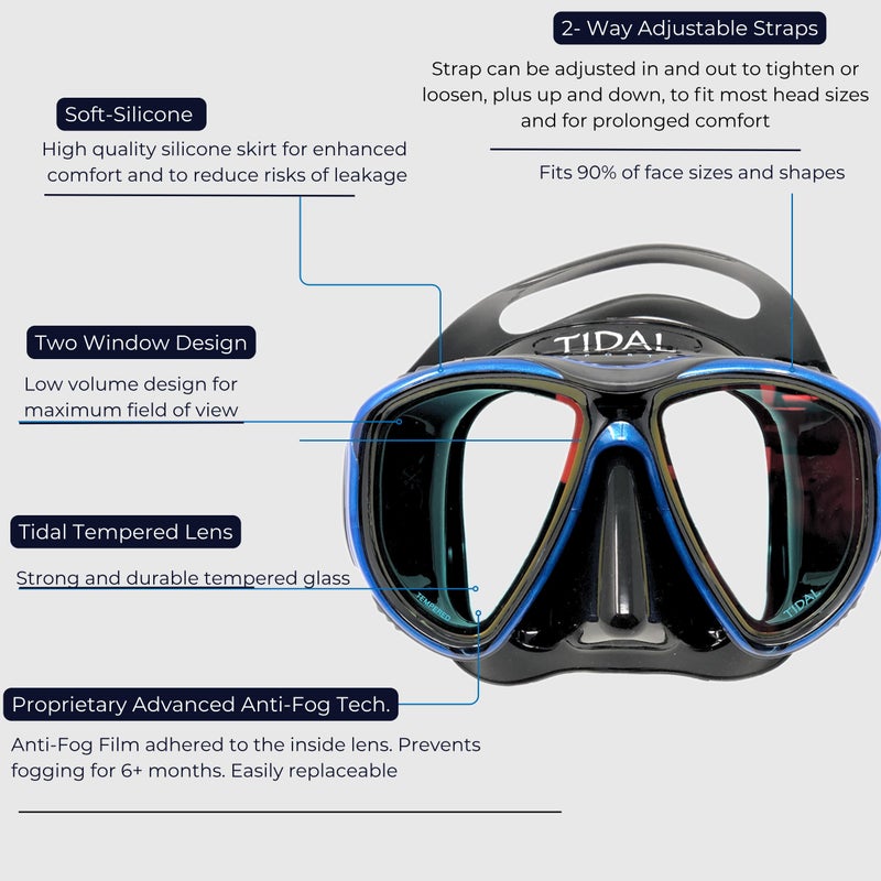 Pro Shot Tidal Mask for Snorkeling and Scuba Diving Best Anti-Fog Technology Blue/Black/Tinted Lens (Blue Reflective Lens) - Image 3